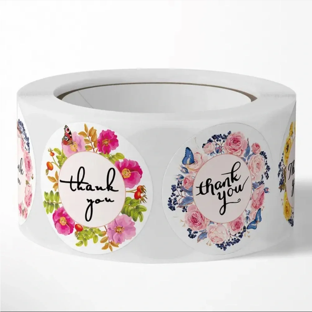 Roll of 500 Floral Wreath Thank You Stickers Garden Flowers Shipping Supplies